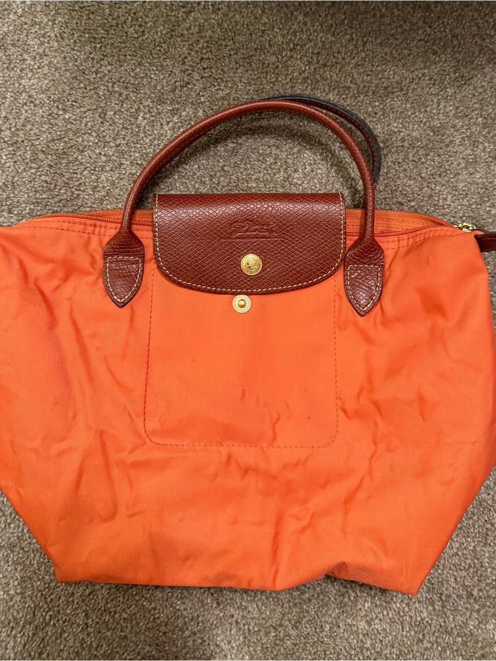 Longchamp Orange Nylon Tote with Brown Leather Trim small size